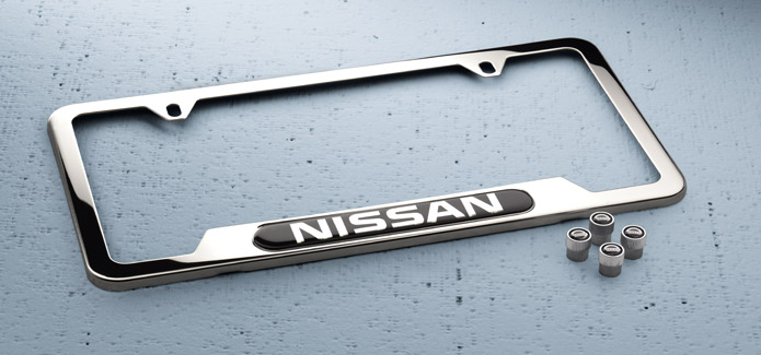 Nissan Chrome License Plate Frame and Valve Stem Caps Package Nissan Chrome License Plate Frame and Valve Stem Caps Package